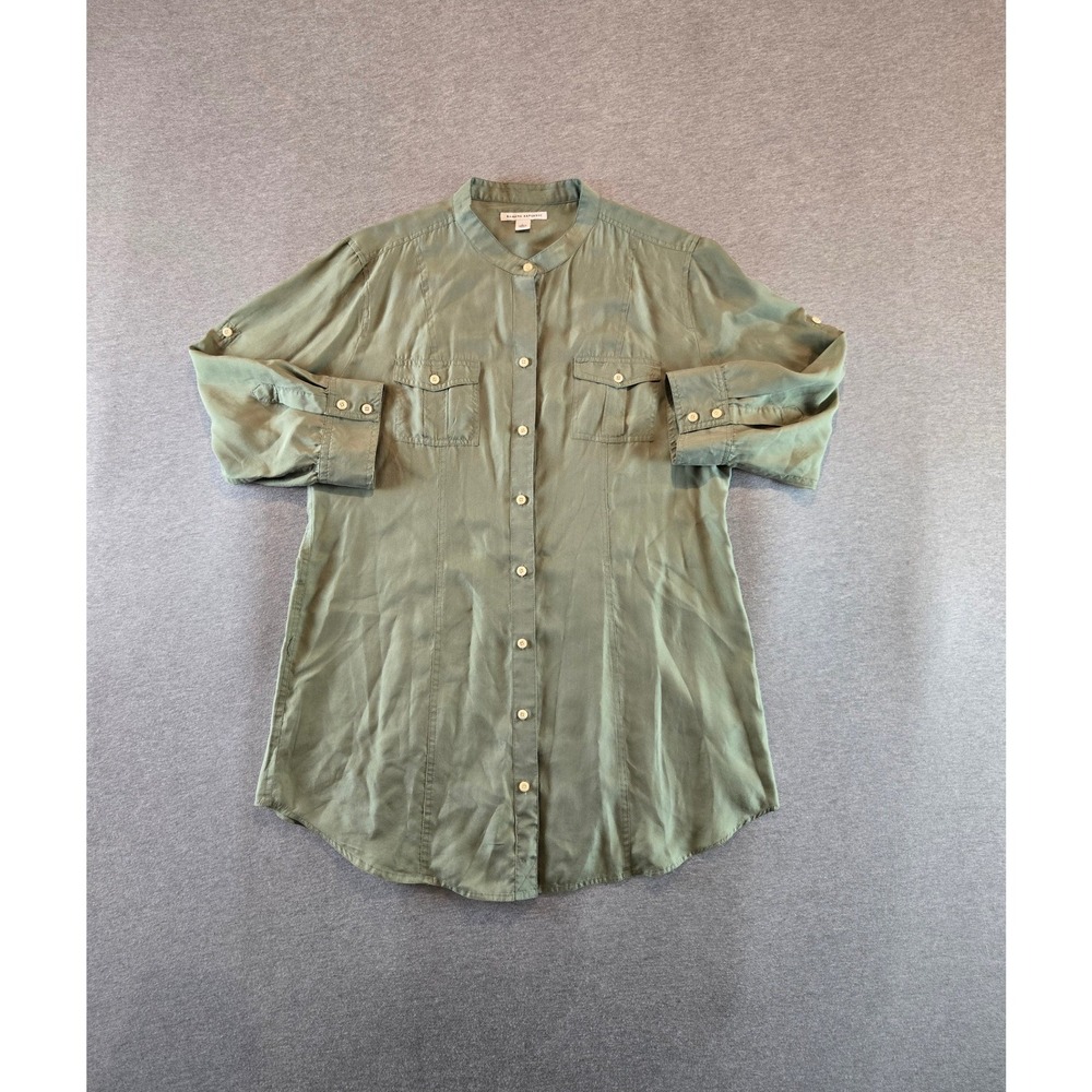 Banana Republic Silk Tunic Women Large Green Band Collar Utility Roll Tab Shirt